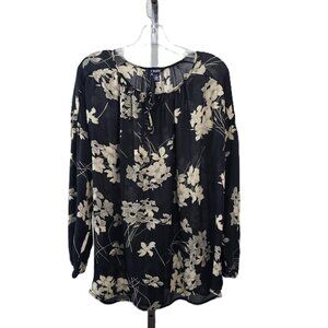Chaps Tie Keyhole Neckline Sheer Floral Print Top Black Beige XL